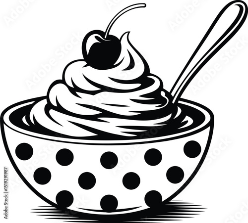 "Vector Silhouette of Frozen Yogurt with Cherry in a Polka Dot Bowl"