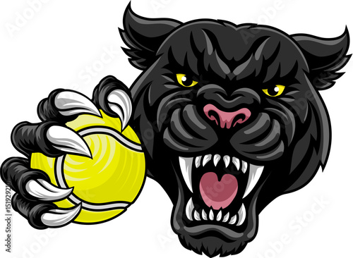 Black panther leopard or jaguar cat tennis sports team mascot holding a ball