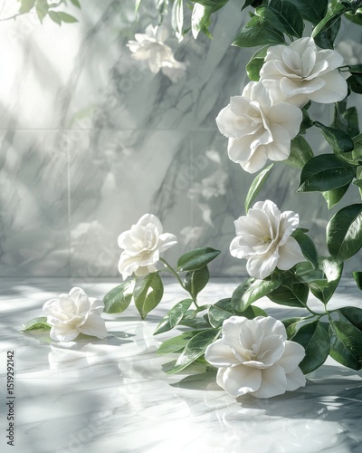Elegant White Gardenias on Marble Surface with Sunlight marble sunlight elegant surface white flower