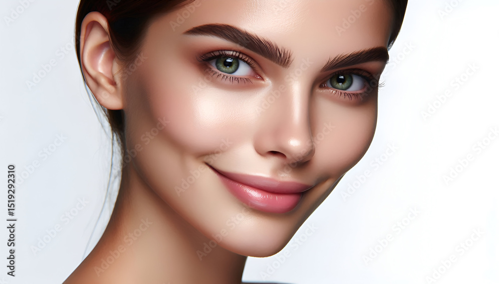 Fototapeta premium A smiling young woman with flawless skin, bright green eyes, and well-defined eyebrows, Concept beauty model