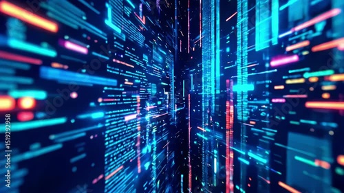 blue data corridor with glowing digital stream and red accent lines