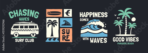 Vector graphic set with a tropical surf theme graphics. Perfect for t-shirt print, posters, and other surfing related designs.	