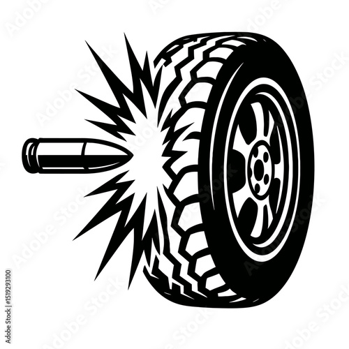 Bullet Hitting Car Tire with Impact Explosion Icon - Vehicle Damage Symbol