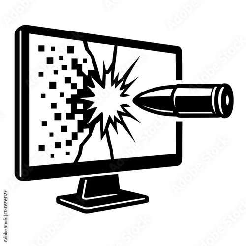 Bullet Shattering Computer Monitor Screen Icon - Digital Violence and Cyber Attack Symbol