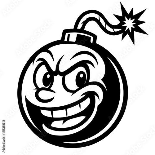 Black and White Cartoon Bomb with Angry Face and Lit Fuse Vector Illustration