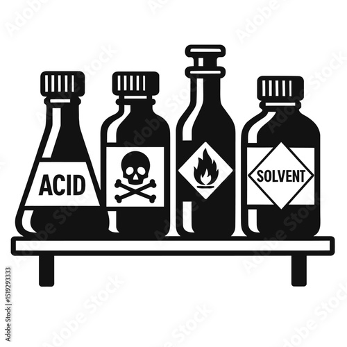 Black and White Vector Illustration of Hazardous Chemical Bottles on a Shelf