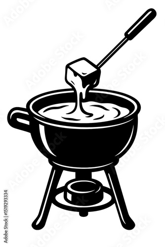 Black and White Vector Illustration of a Classic Fondue Pot with Food on a Skewer