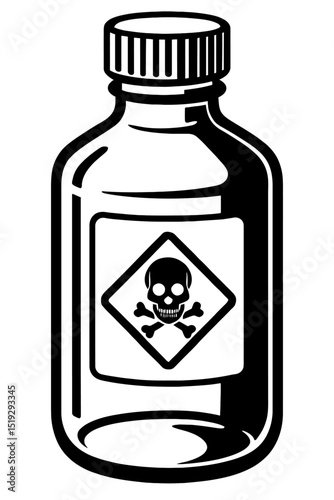 Black and White Vector Outline of a Toxic Chemical Bottle with Poison Warning Symbol