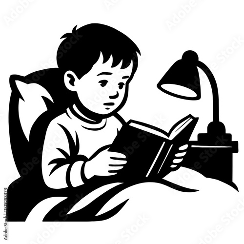 Black and White Vector Illustration of a Young Child Reading a Book in Bed at Night