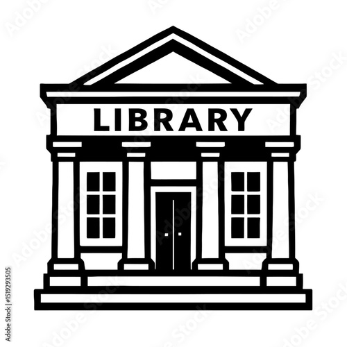Classic black and white vector graphic of a library building with columns and a prominent "LIBRARY" sign. Ideal for themes of education, knowledge, reading, and public institutions.