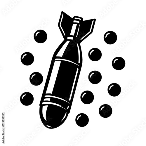 Powerful black and white vector graphic of a classic bomb or missile with surrounding impact elements. Ideal for themes of explosion, power, danger, conflict, or military action.