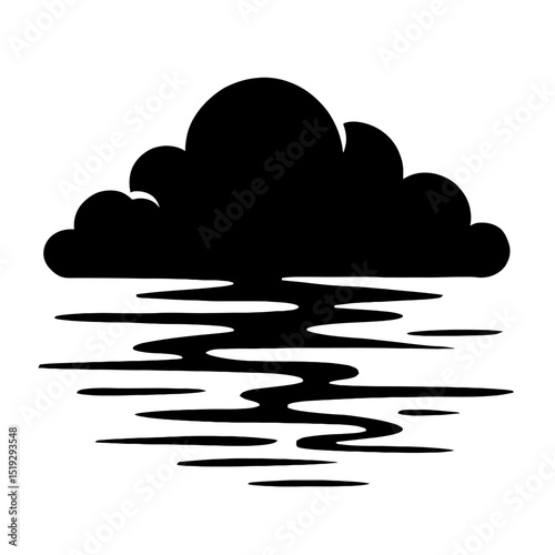 Serene black and white vector graphic of a cloud reflecting on wavy water. Ideal for themes of nature, weather, tranquility, mystery, or atmosphere.