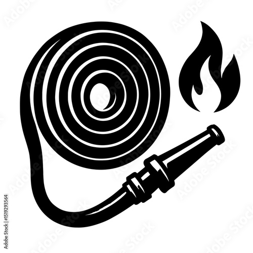 Essential black and white vector graphic of a coiled fire hose with nozzle and flame, symbolizing firefighting, safety, and emergency services. Ideal for fire prevention or safety themes.