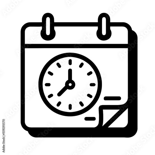 Essential black and white vector graphic of a calendar with a clock face, symbolizing deadlines, time management, appointments, and important dates.