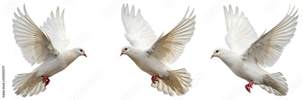 Fototapeta premium Set For Three white doves flying isolated on transparent background