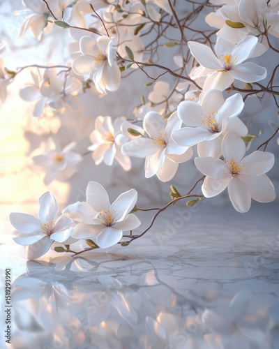 Delicate White Magnolia Flowers Reflected on Polished Marble Surface magnolia white delicate marble