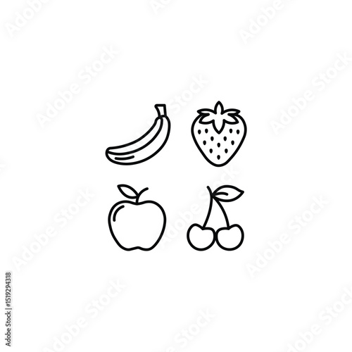 Fruit Icon Set – Minimalist Line Art of Banana, Apple, Strawberry, Cherry | Vector Outline Illustration