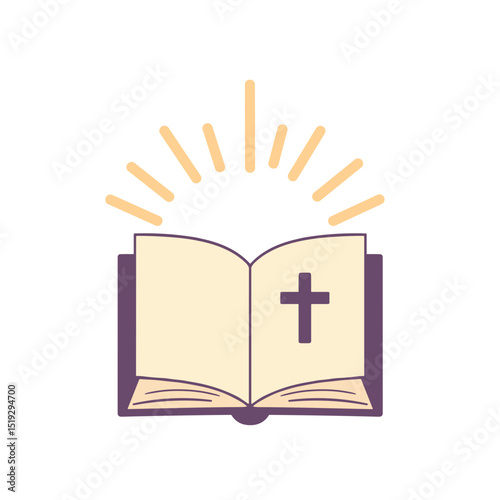 Open book with a cross symbol and rays of light emanating  