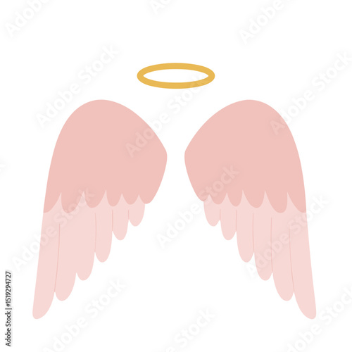 Pink angel wings with golden halo in flat design  