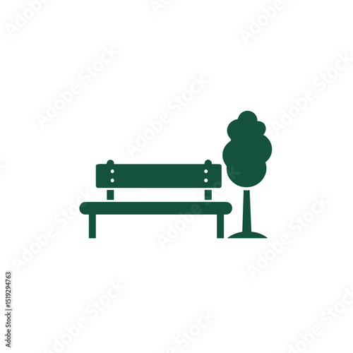 Simple green park bench and tree icon in minimalist style  