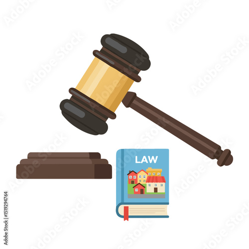 Legal gavel beside law book with colorful house illustrations