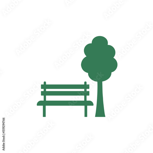Green park bench and tree icon in minimalist style  