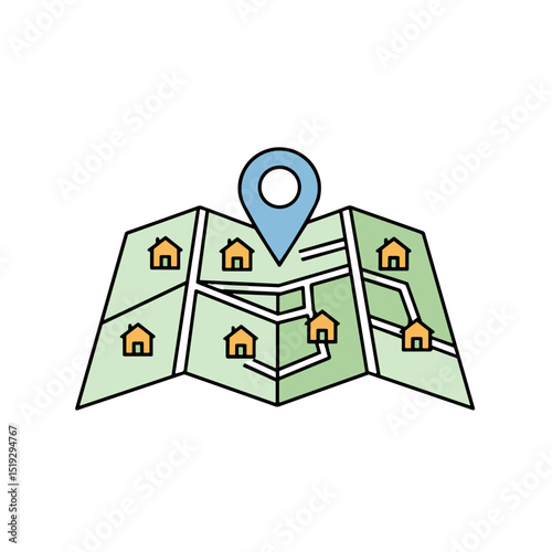 Illustrated map with location pin and house icons  