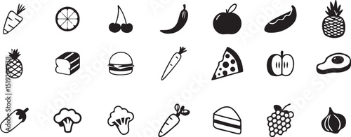 Diverse Food and Drink Icon Set: Black and White Vectors for Healthy Eating, Fast Food, and Culinary Designs.
