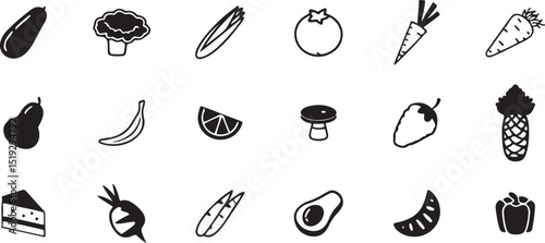 Diverse Food and Drink Icon Set: Black and White Vectors for Healthy Eating, Fast Food, and Culinary Designs.