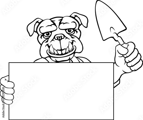 A bricklayer bulldog dog handyman cartoon construction mascot character holding a trowel tool