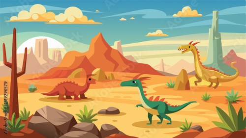 Cartoon Dinosaurs Roaming in a Desert Landscape with Mountains and Cacti