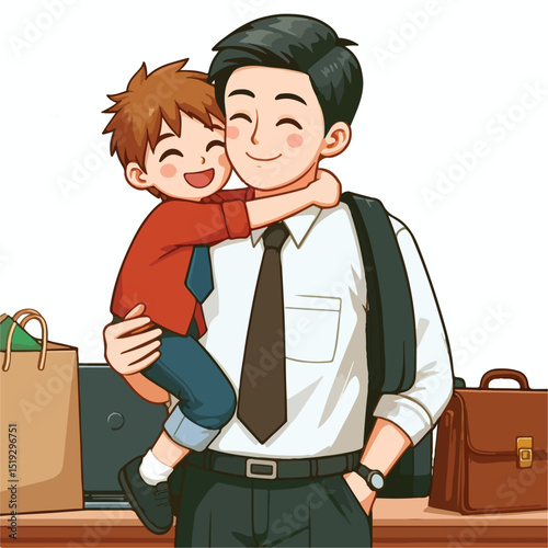a child hugs his father after his father comes home from work