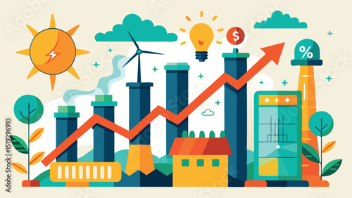 Sustainable Energy Growth A Cartoon Illustration of Renewable Energy Sources and Financial Success