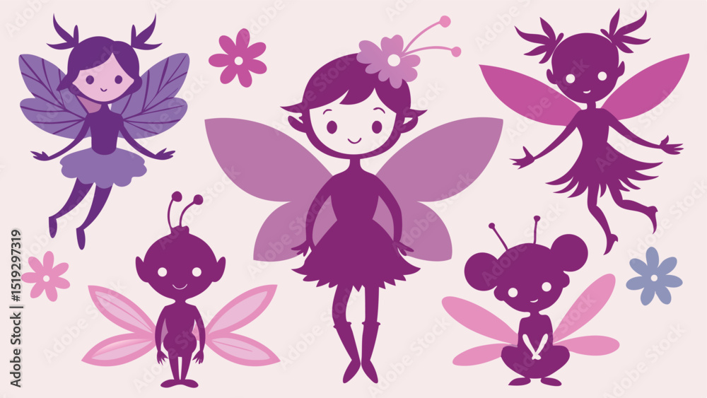 Obraz premium Cute Cartoon Fairy Collection in Shades of Purple and Pink with Flowers
