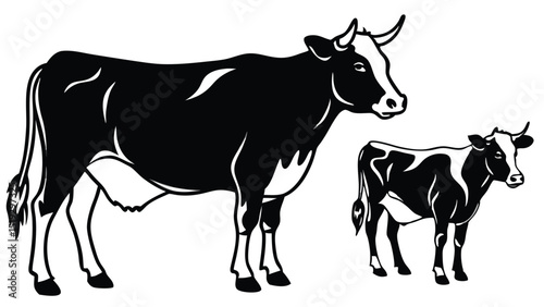 Black and White Illustration of a Cow and Calf Standing Together