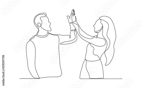 Continuous line drawing of two people clapping high five gesture. Business teamwork success sketch art editable stroke vector illustration