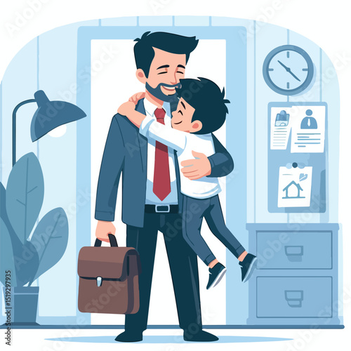 a child hugs his father after his father comes home from work