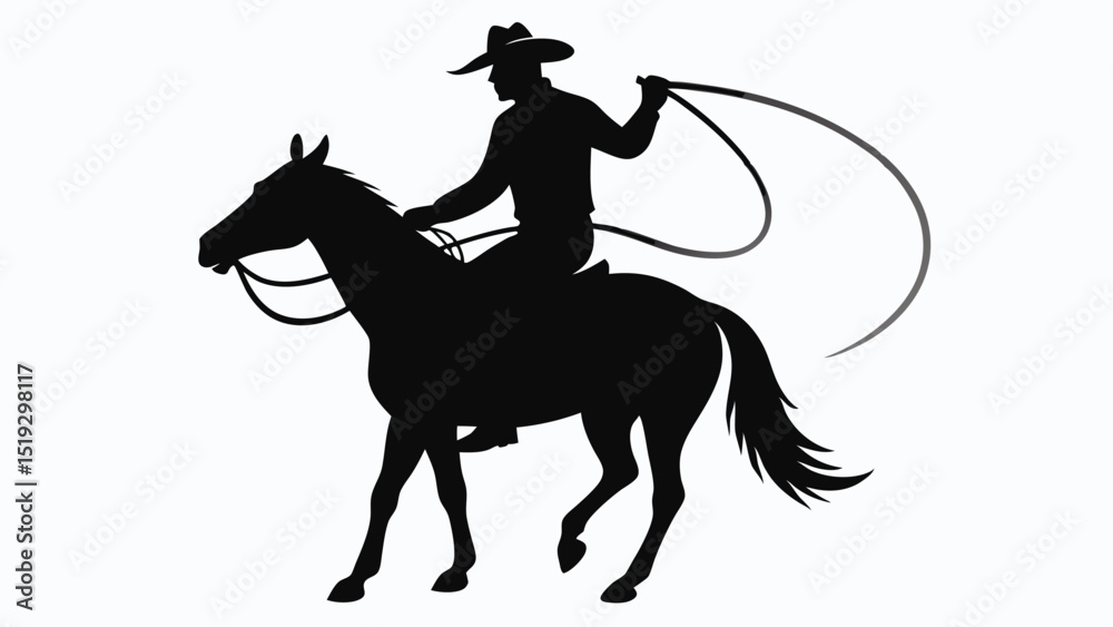 Naklejka premium Silhouette of a Cowboy Riding a Horse with a Lasso in Hand
