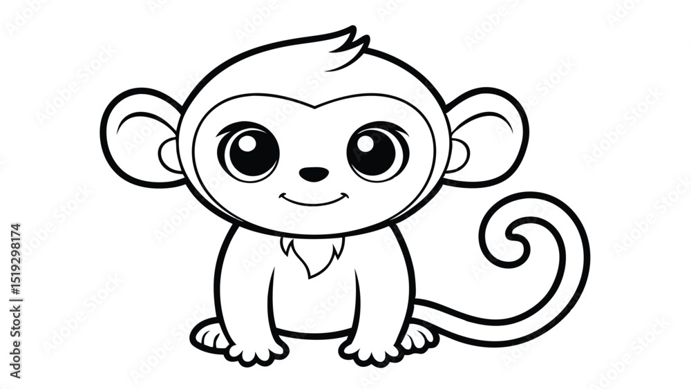 Obraz premium Cute Cartoon Monkey Outline with Big Eyes and Curly Tail