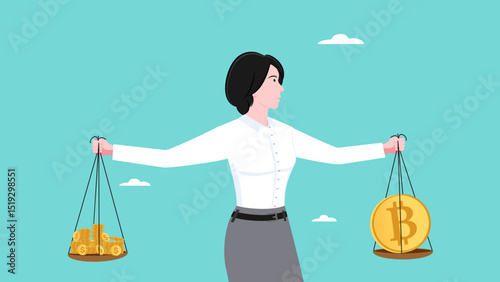 bitcoin value, comparison of the value of bitcoin currency with dollars or gold, Bitcoin and crypto price rising up, crypto currency value growth, woman crypto investor brings bitcoin and coins