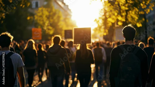 People marching on a street during a protest at sunset