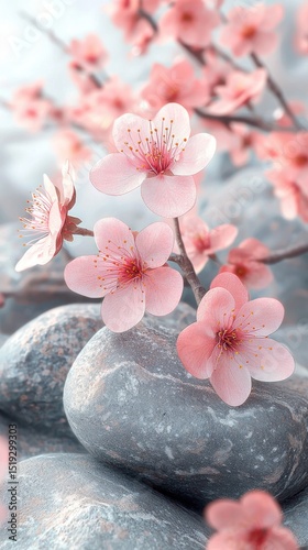 Pink Cherry Blossoms and Zen Stones zen cherry blossom pink flower stone rock nature spring bloom ai
