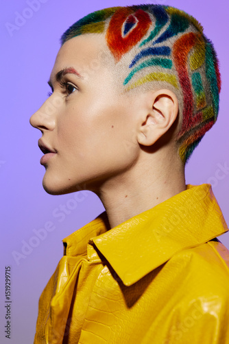 Creative woman with colorful artistic hair design and shaved sides, dressed in vibrant yellow textured jacket, posing against purple studio background with confident expression.