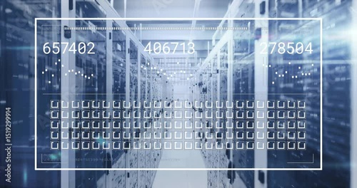 Data overlay appearing over server racks, numbers updating and graphs animating to show refresh