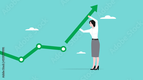 business success or career achievement with businesswoman carrying an arrow to make a financial growth graph, investment management to generate stock market value