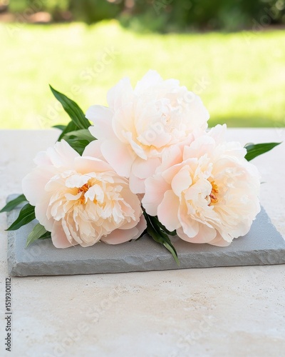 Delicate Light Pink Peonies on Grey Stone Slab peonies pink delicate stone slab grey light peony pet