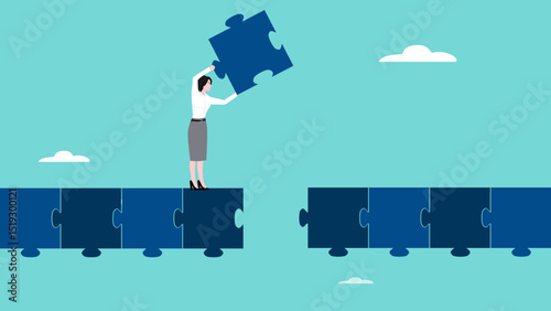 create a path to career success with businesswoman builds bridges from puzzles, Business goals as profit target achievement process, the way to achieve goal, management or strategy to achieve target