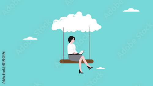 cloud computing on corporate infrastructure, remote work or work from home, technology to connect humans to complete work, woman working using laptop sitting on cloud swing concept illustration