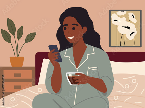 Young woman enjoying morning cup of coffee while using smartphone in the bedroom