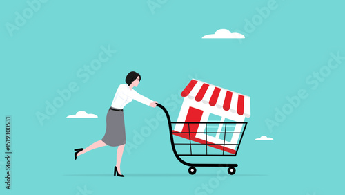 buy a franchise illustration with businesswoman push shopping carts containing franchise icons concept vector illustration